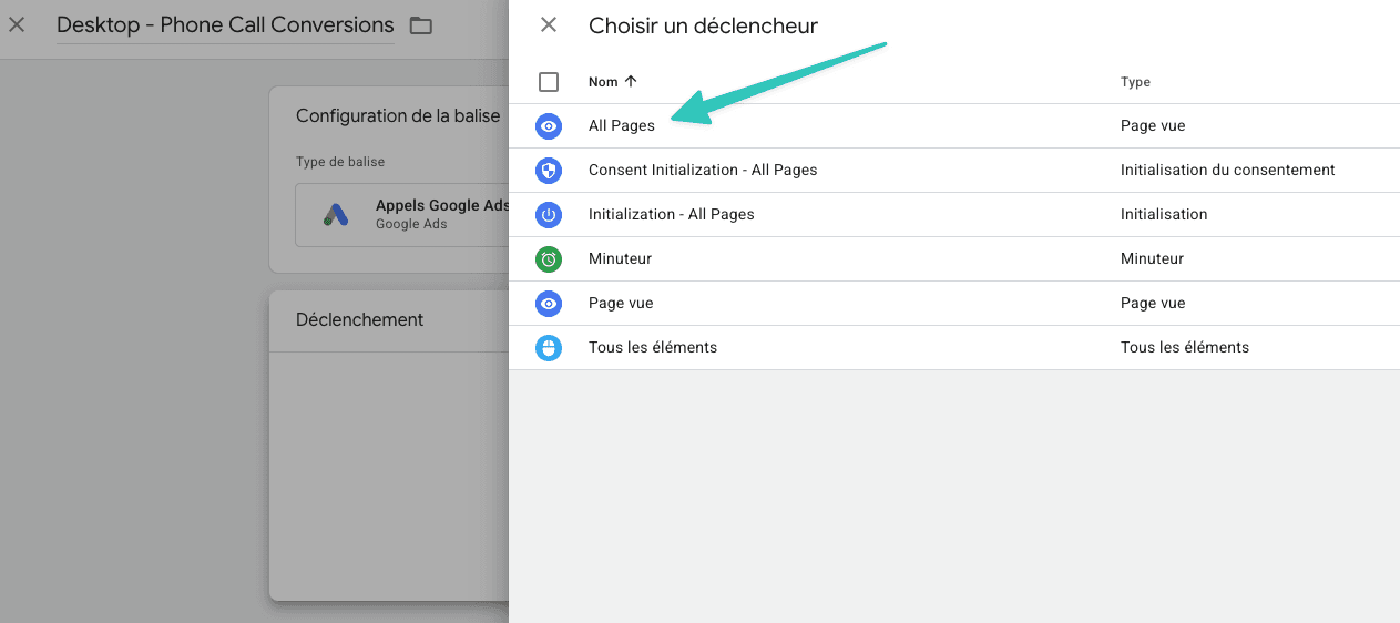 Selection du declencheur dans Google Tag Manager : la ligne "All Pages", de type Page vue, est mise en avant dans la liste des declencheurs disponibles