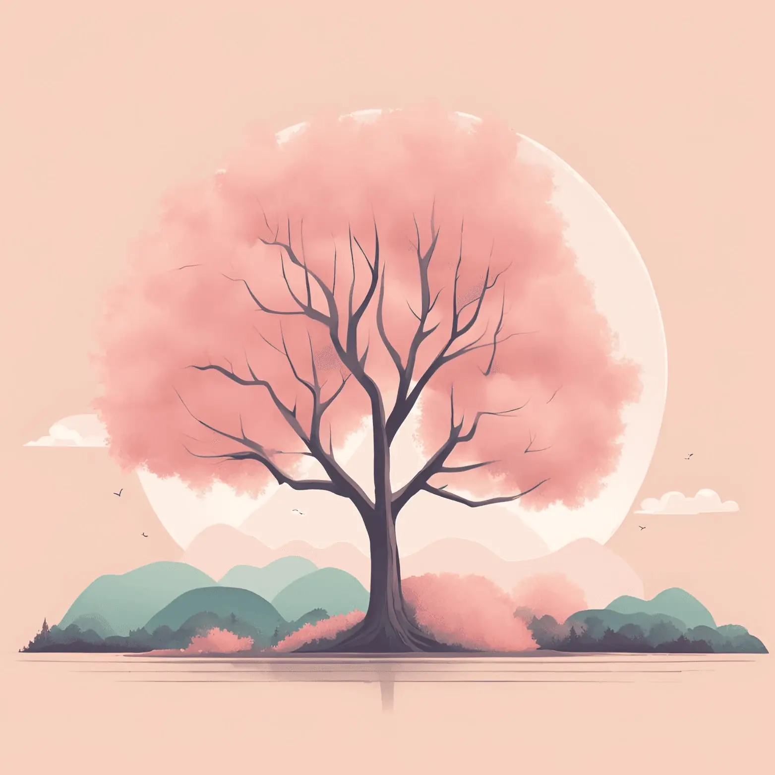 Pastel illustration of a blossoming tree in front of a rising sun