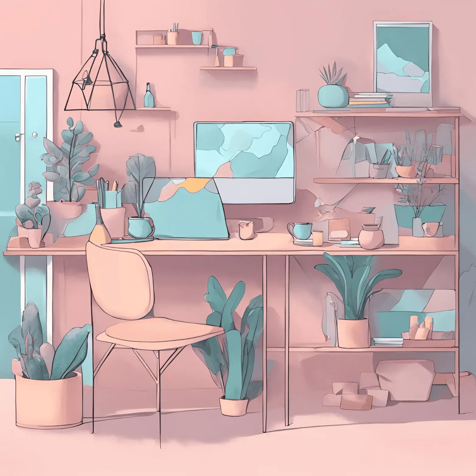 Pastel illustration of a workspace: desk, screen, shelves and plants