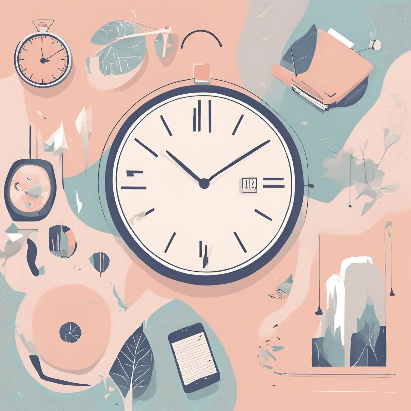 Pastel illustration of a large clock surrounded by everyday objects