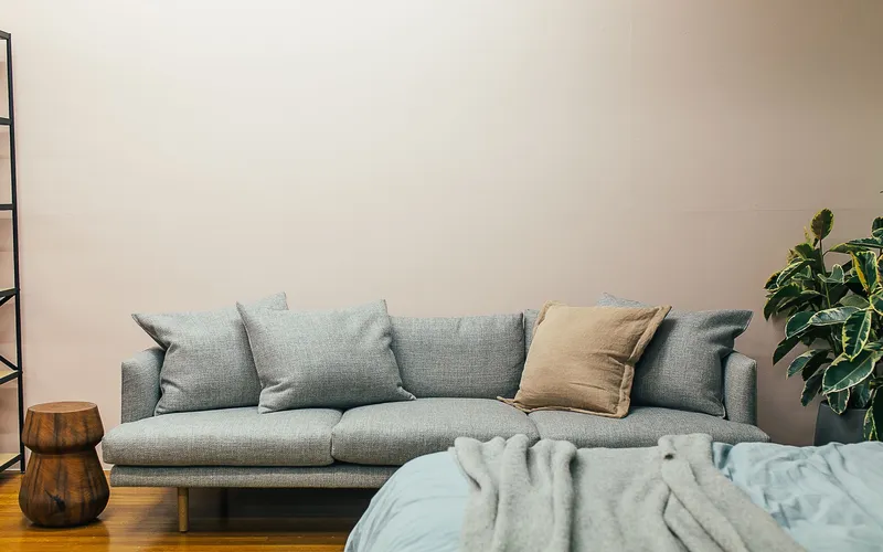Salon lumineux avec un canapé gris et des coussins