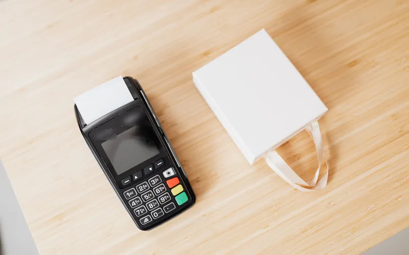 Terminal de paiement posé sur un comptoir en bois